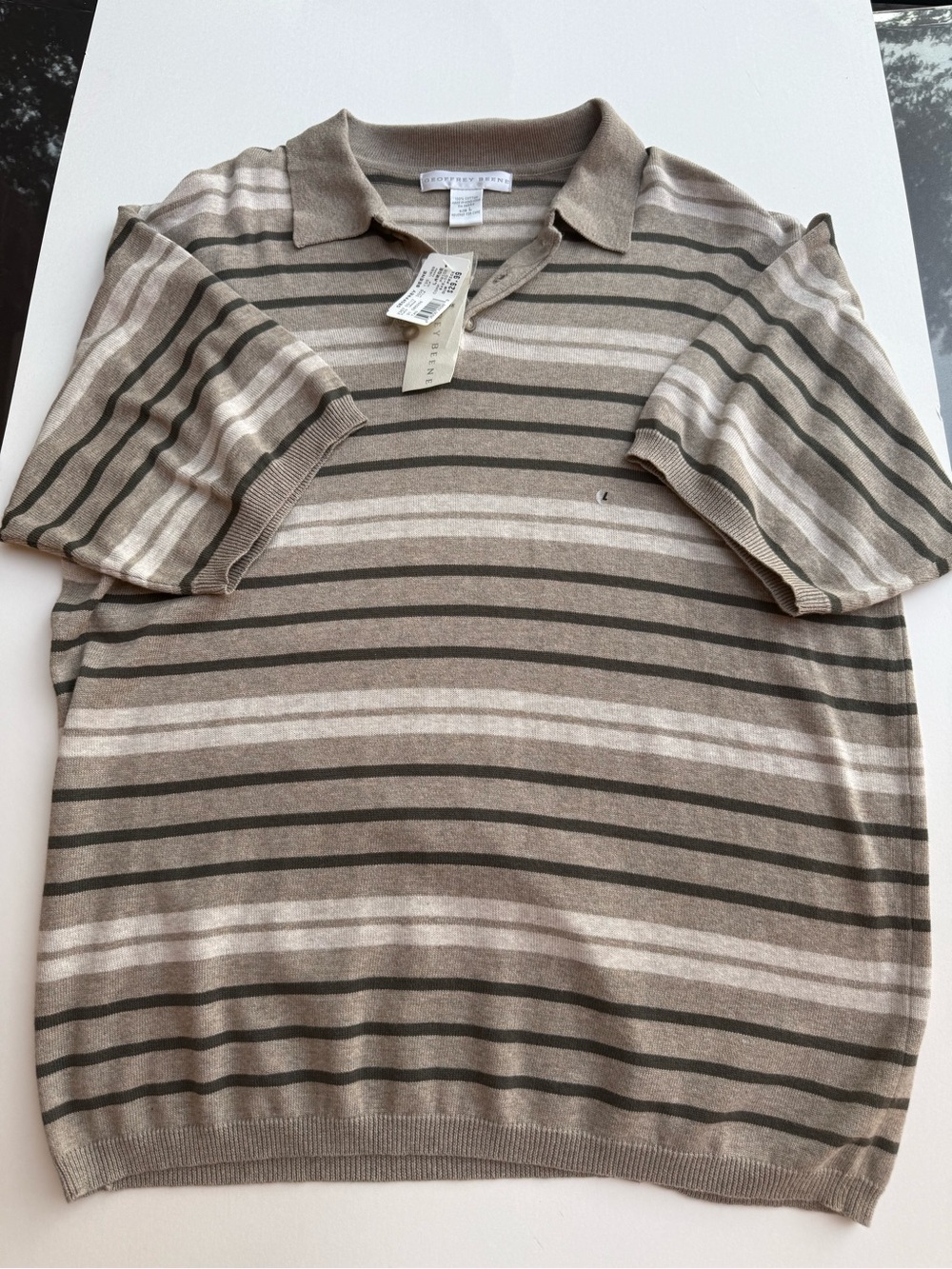 Vintage 90s Geoffrey Beene Men's Brown and Beige Striped Polo NWT size Large